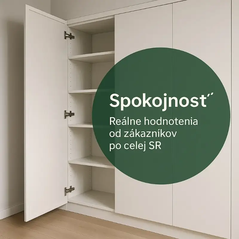 Rohová vstavaná skriňa v šedej a šampanskej farbe symbolizujúca spokojnosť zákazníka.