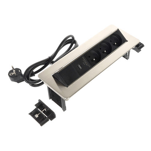 Riex ED15 elektrická zásuvka French (3×), USB A+USB C rýchle nabíjanie, kábel 2 m, imitácia nerezu - F004871