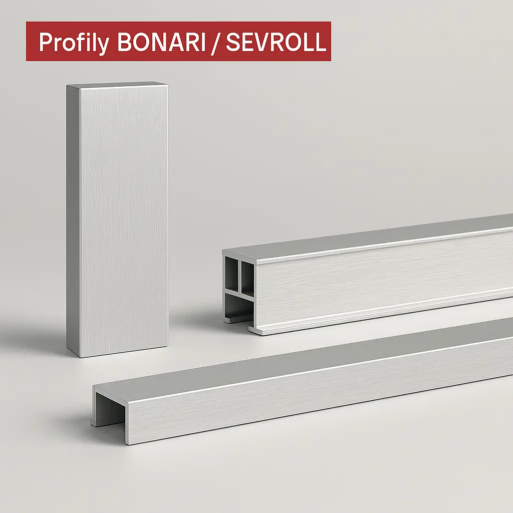 Detail hliníkového profilu BONARI v striebornom prevedení pre rámy posuvných dverí.