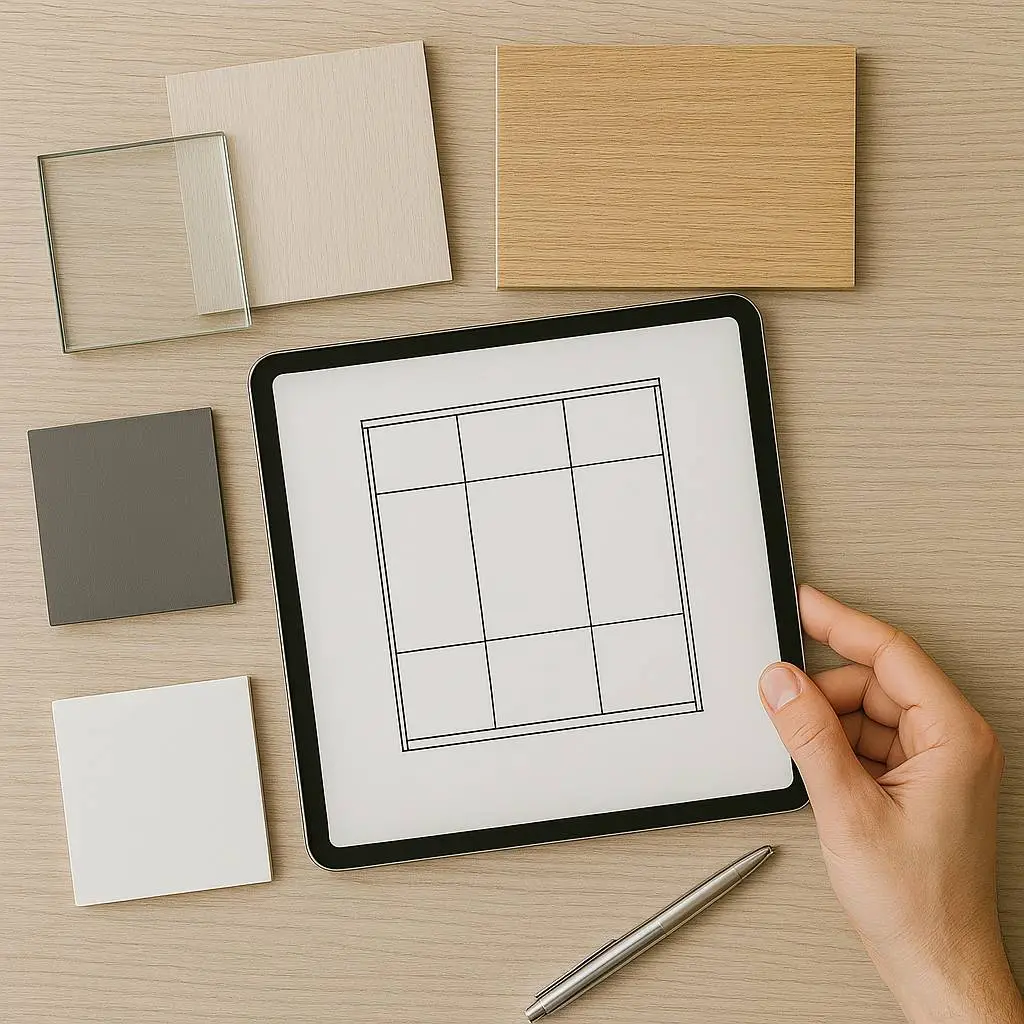 Výber dizajnu a materiálov pre vstavanú skriňu v online 3D plánovači.