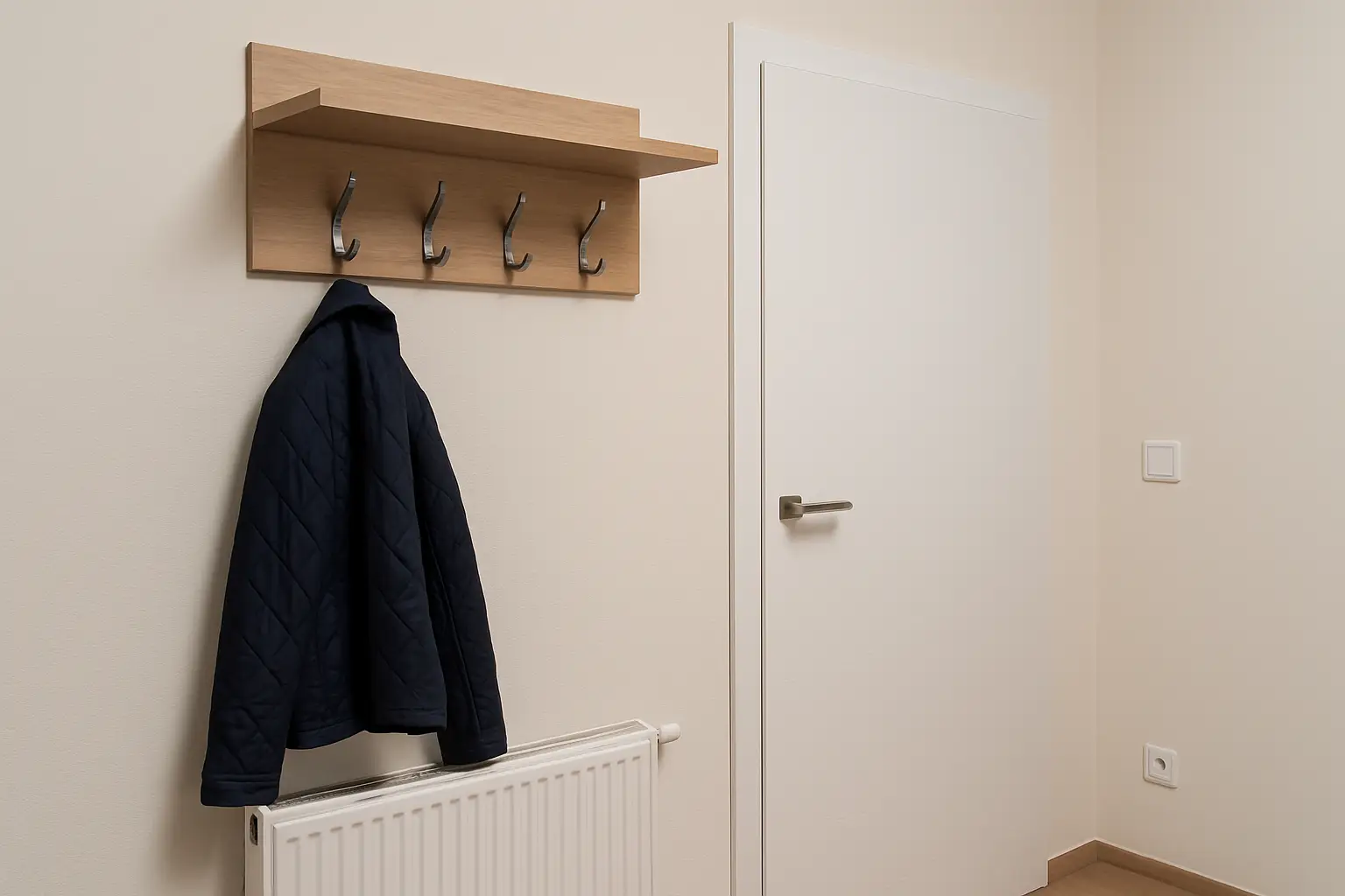Minimalistická vešiaková lišta s policou, ideálna do úzkej chodby v paneláku.