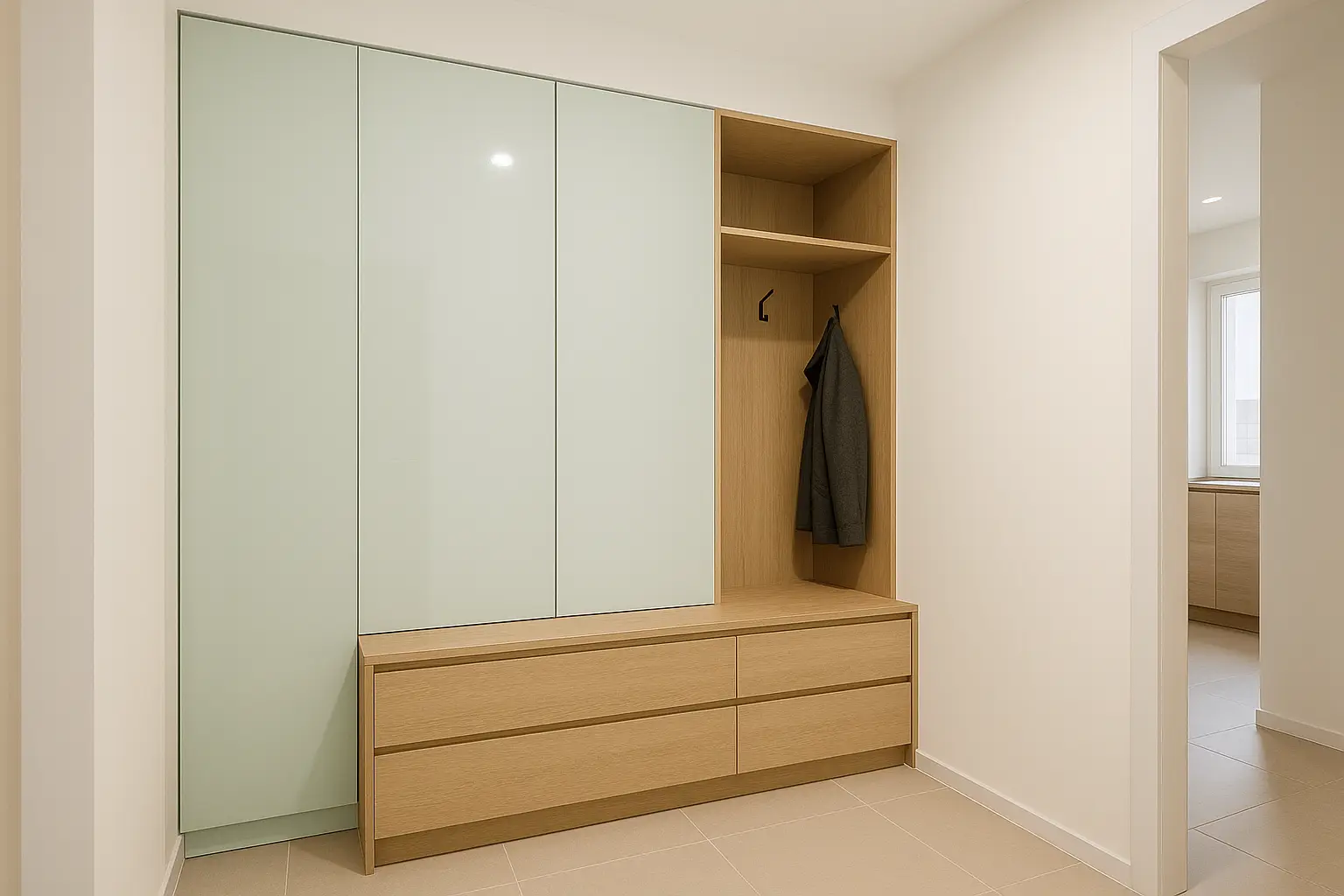 Vstavaná skriňa do chodby s lavicou od ComfyDoor pre organizovaný a elegantný vstupný priestor.